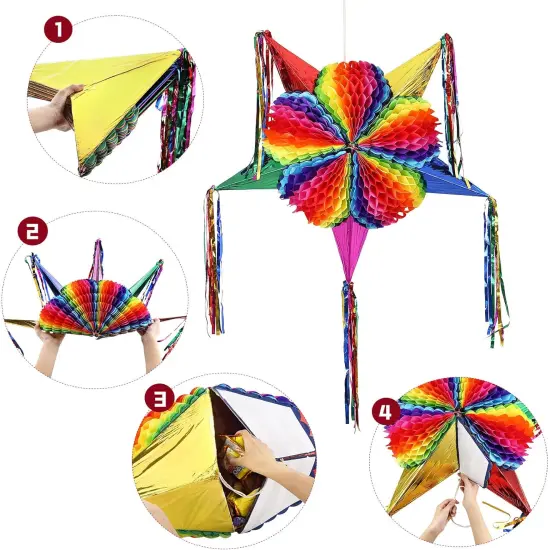 Large Star Pi&ntilde;ata Set (32 inches) Authentic Handmade Colorful Foldable Pi&ntilde;ata Suitable for Birthday Party Fiesta Anniversary and Cinco De Mayo Festive Mexican Rainbow Pi&ntilde;ata Decoration for Kids Girls {3}
