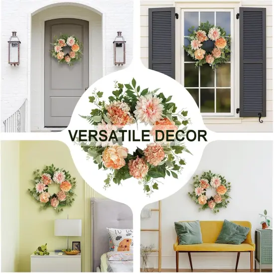 Summer Floral Wreath for Front Door, 20 Inch Artificial Wreath with Peony, Dahlia, and Hydrangea Flowers, Floral Wreath for Window, Porch, and Wall Decor, Year-Round Home Decoration {4}
