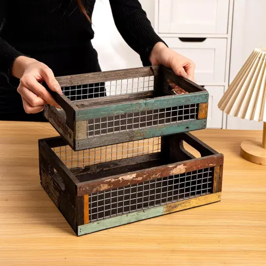 Set of 2 Small Decorative Wooden Storage Crates {4}