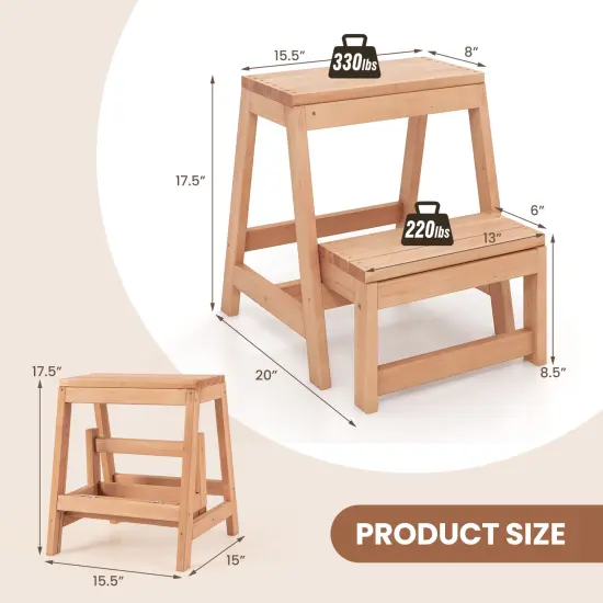 Multipurpose Natural Wooden Foldable 2-Tier Step Stool with H-Shaped Bottom Suitable for Any Small Space {5}