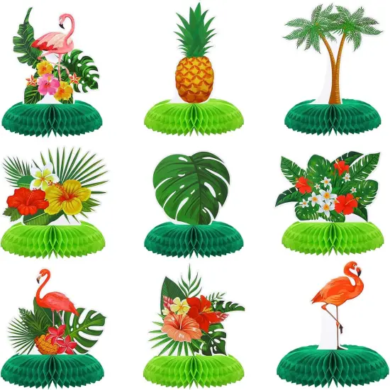 9 Pcs Hawaiian Luau Aloha Party Decorations Summer Tropical Honeycomb Centerpieces Table Topper Flamingo Pineapple Palm Tree Table Centerpieces {1}