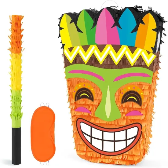 Tiki Pi&ntilde;ata -Tropical Hawaii Pi&ntilde;ata with Blindfold and Bat for Girls Boys Kids Pi&ntilde;ata Hawaiian Luau Themed Party Decorations {1}