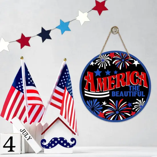 Patriotic American Fireworks Wood Door Hanger Outdoor Outside Porch Decor, USA Stars Wooden Wreath Indoor Wall Hanging Decoration {5}