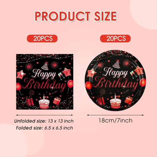 40 PCS Happy Birthday Decorations for Men Women Red and Black Birthday Party Decorations Included 20 Plates and 20 Napkins Red Party Tableware Set for Happy Birthday Party Supplies {2}
