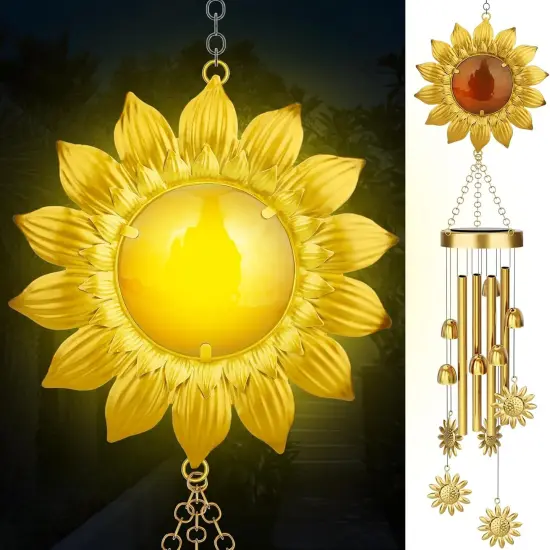 42" Solar Wind Chimes with Sunflower LED Lights &ndash; Waterproof Outdoor Garden Decor for Patio & Yard, Unique Gifts for Women, Mom, and Grandma, Easy-Install Design {1}