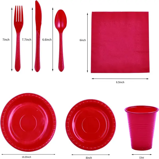 175 PCS Red Plastic Dinnerware Set Includes 50 Plates, 25 Cups, 25 Napkins, 25 Cutlery Spoons Forks & Knives, Disposable Dinnerware Set, Red Party Supplies Set {2}