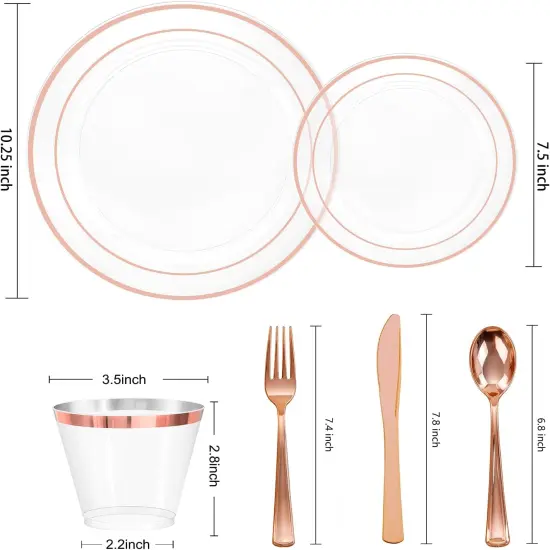 300PCS Clear Rose Gold Plastic Dinnerware - Rose Gold Disposable Dinnerware Set Include 50 Dinner Plates,50 Dessert Plates,50 Knives,50 Forks,50 Spoons,50 Cups for Party, Wedding & Mother&rsquo;s Day {2}