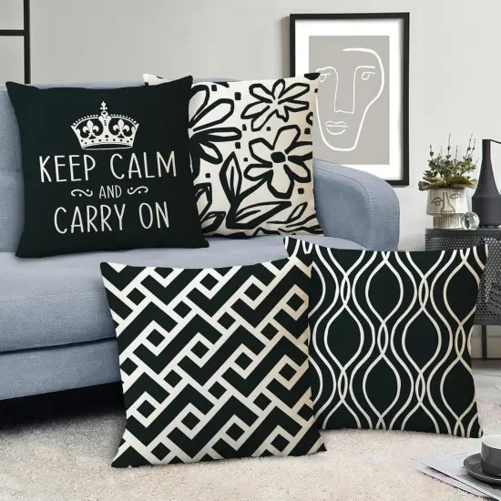 Decorative Throw Pillow Covers 18x18 Set of 4, Inspirational Black White Geometric Outdoor Pillowcase, Modern Abstract Flower Couch Cushion Case Home Decor {5}