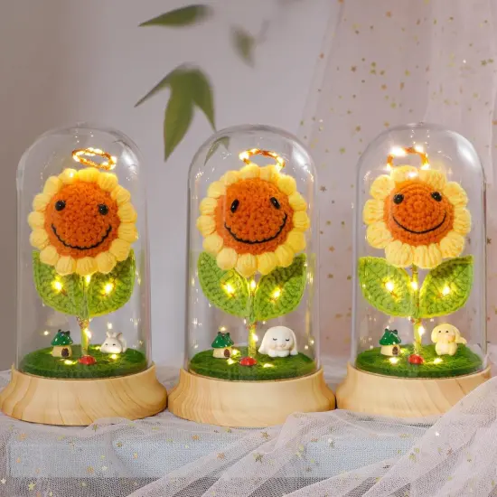 Sunflower Gifts for Women, with Led Glass Dome Smiley Crochet Artificial Sun Flower Desk Decorations, for Her Mom Mothers Day Birthday Christmas Valentine Gifts (W 4.3" X H 7.5") {4}