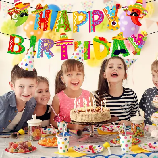 2Pcs Mexican Happy Birthday Banner Colorful Mexican Fiesta Birthday Bunting Garland Cinco De Mayo Taco Paper Banner Pre-Assembled for Mexican Carnival Birthday Hanging Decor Party Supplies {5}