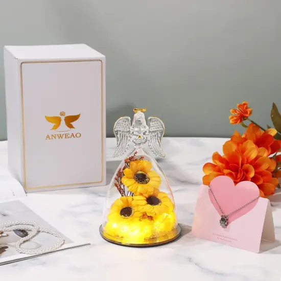 Mothers Day Rose Gifts for Mom,Sunflower Gifts for Her,Angels Figurines with 3 Sunflowers & Lighted with Necklace,Sunflower Birthday Gifts for Women Mom Wife Girlfriend {5}