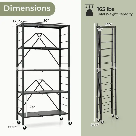 Black Metal Foldable Storage Shelf and Adjustable 5-Tier Shelves with Wheels {4}