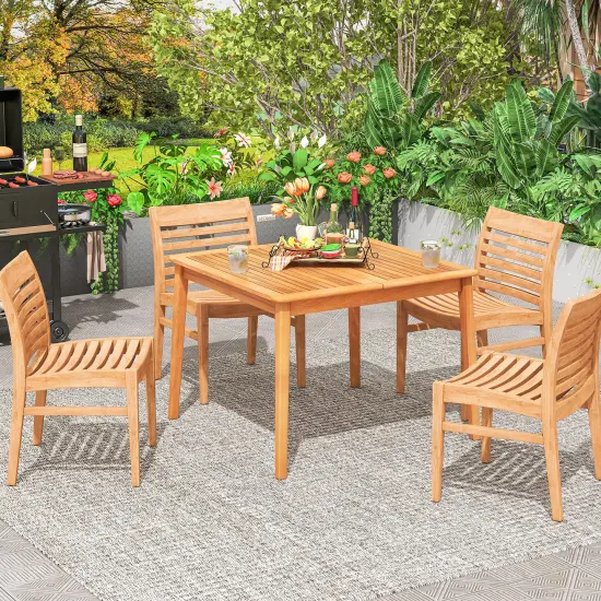 Natural Acacia Wood 4-Person Patio Dining Square Table with Umbrella Hole {6}
