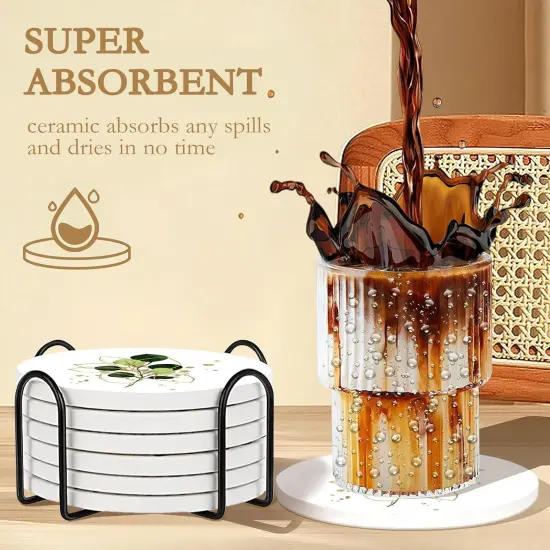 6 Pcs Green Plants Absorbent Ceramic Coasters with Cork Base {4}