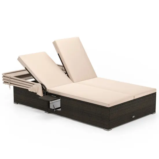 Double Chaise Lounge with Adjustable Backrests, Retractable Canopy & Cushions {4}