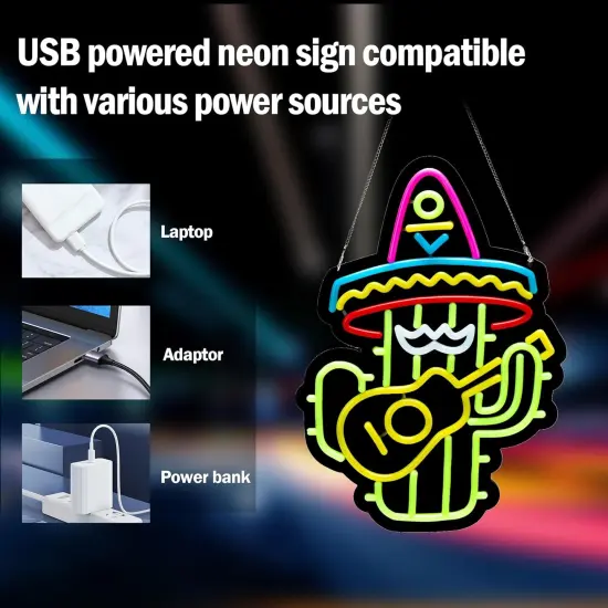 Summer Neon Wall Sign &ndash; Mexican Hat, Cactus & Guitar LED Light for Summer Parties, Tiki Bars, Patios & Festive Nights {3}