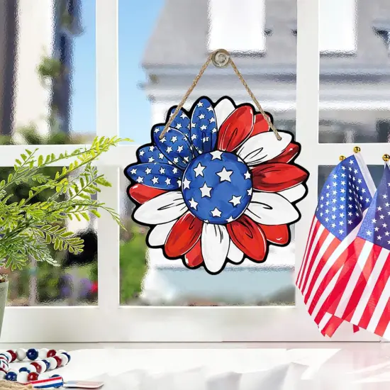 4th of July Sunflower Front Door Sign, Patriotic America Flower Wood Door Hanger Outdoor Outside Porch Decor, {4}