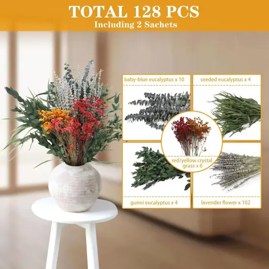 128 Pcs Mixed Real Dried Eucalyptus Stems, 100% Natural Preserved Eucalyptus Leaves with Lavender & Rose Flower Sachet Bundles, Greenery for Hanging Shower, Plant Fragrance, Wedding Decor {5}