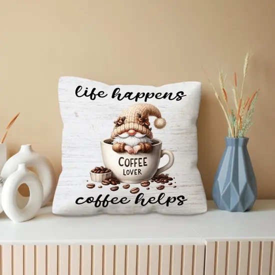 Coffee Gnomes Pillow Covers 18x18, Life Happens Coffee Helps Cute Sofa Decor Throw Pillow Covers for Kitchen Coffee Bar Coffee Station Office Room Decor, Gnome Sign Gnome Lovers Gifts {4}