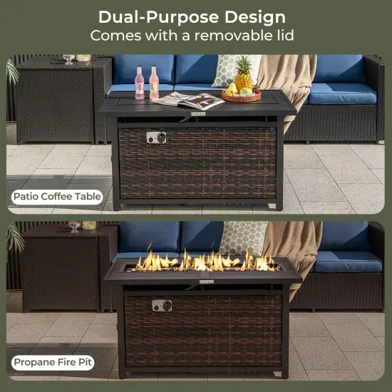 Mix Brown Rattan Propane Fire Pit Table, 50,000 BTU and Metal Frame {6}