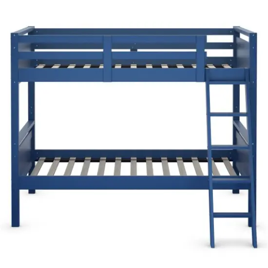 Convertible Twin Over Twin Bunk Bed in Blue &ndash; Solid Wood & MDF, Guardrails & Ladder {3}