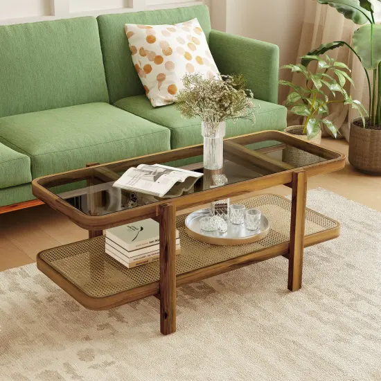 Rustic Acacia Wood Coffee Table with Tempered Glass Top & PE Rattan Shelf {3}