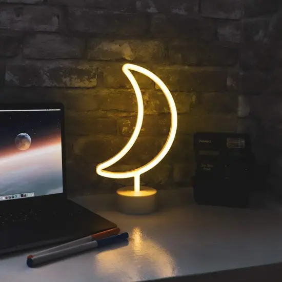 Summer LED Neon Yellow Crescent Moon Tabletop Lamp with White Base, Battery Powered Night Light for Nightstand, Bedroom D&eacute;cor, Party, and Celebrations {3}
