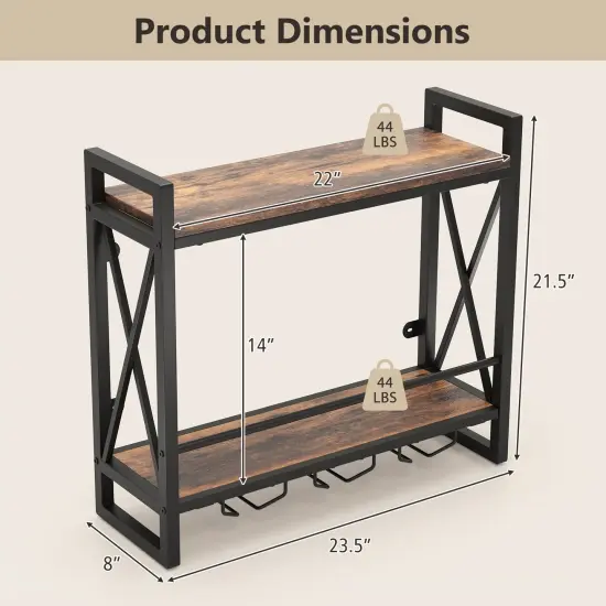 Rustic Brown Metal Frame Wall Mounted Wine Rack with 2-Tier Shelves and 3 Glass Holders {5}