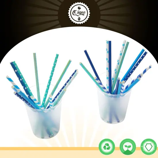 Blue Paper Straws 150pcs Disposable Bulk(10 Pattern) {4}