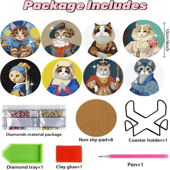 8PCs Diamond Paintings Coasters Kits Set With Holder, Cat Diamond Art, Crafts DIY Funny Adult Craft Diamond Dots Gift {3}