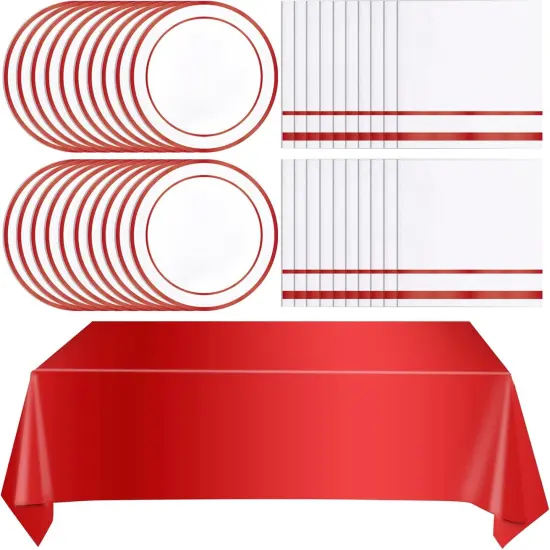 Red Party Supplies,Red Disposable Tableware Includes 24 Plates,24 Napkins and 1 Tablecloth {1}