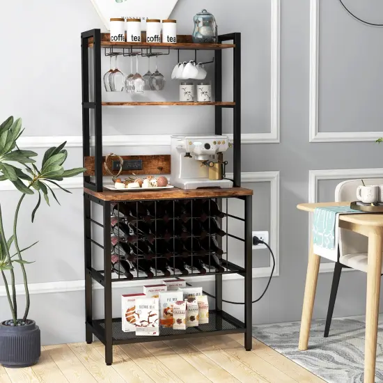 Brown Multi-functional Wine Bar Rack with 4 Tier Storage Shelves and Power Outlets {2}