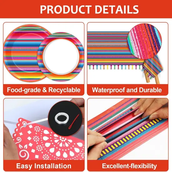 119 Pcs Mexican Fiesta Party Supplies Set Includes Cinco De Mayo Mexico Serape Plates, Napkins, Forks, Tablecloth, Banners, Colorful Stripes Tableware for Dance Pinata Taco Party, Serve 25 {3}