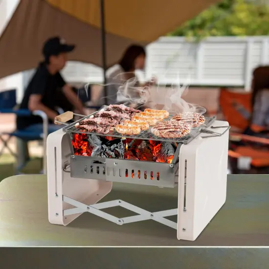 Folding Charcoal BBQ Grill with Dishwasher-safe Grill Grids and Charcoal Box-Beige {6}