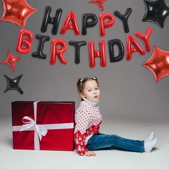 35PCS Black and Red Happy Birthday Decorations 16 Inch Happy Birthday Balloon Banner with Star Balloons Mylar Foil Birthday Party Decorations Supplies for Men Women Adults Girls Boys Kids {4}