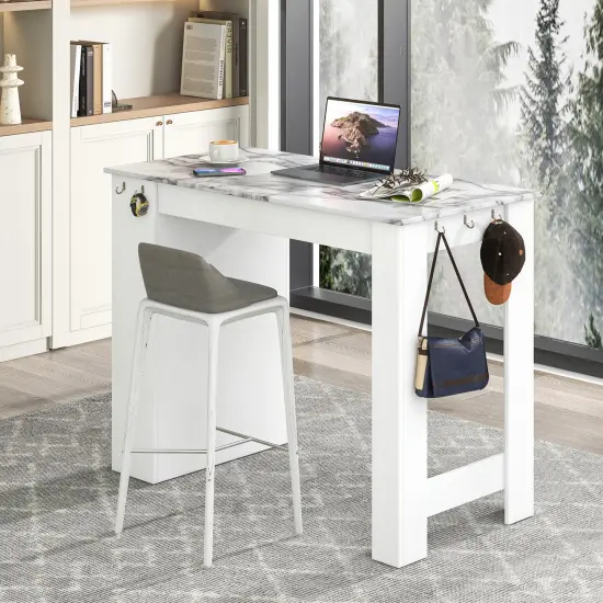 White MDF Bar Table with Faux Marble Top, Adjustable Shelf and Hooks {6}