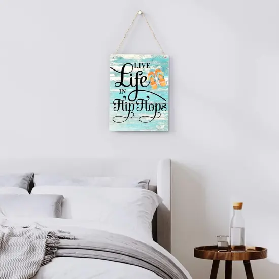 Rustic "Live Life in Flip Flops" Wooden Hanging Sign &ndash; Farmhouse Beach House Wall Art, Summer Plaque Decor for Pool and Home (8 x 10 Inches) {3}