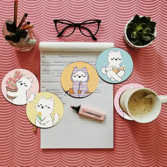 6 Pcs 5D Diamond Painting Coasters Kits with Holder,Diamond Art Coasters Set for Drinks Coffee Table, Diamond Painting kit for Beginners Adults DIY Art Craft Gifts Home Decors (Boho) (cat) {5}