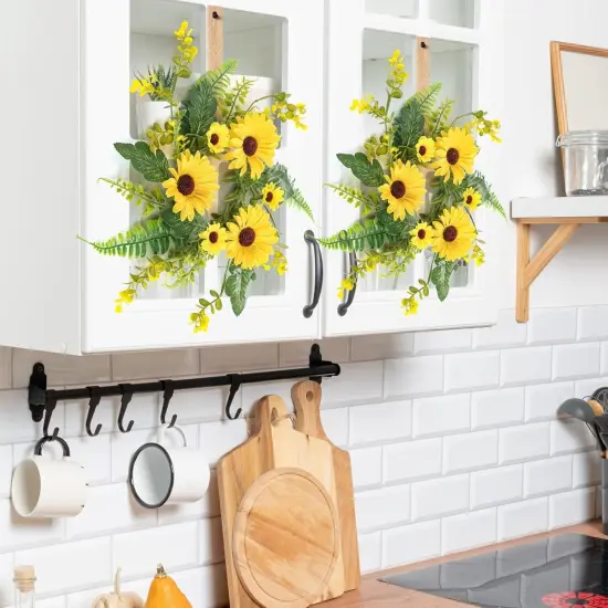 6 Pcs Sunflower Wreaths for Front Door &ndash; Artificial Yellow Floral Swag for Summer, Candle Rings for Pillars, Cabinets, and Window Home D&eacute;cor {4}
