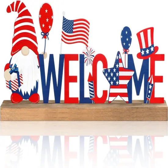 Patriotic/ 4th of July Metal Sign Rustic Table Decor Holiday Tiered Tray Decor with Wooden Base Freestanding Metal Word Sign for Home Tabletop Centerpiece Mantel Shelf Fireplace {1}