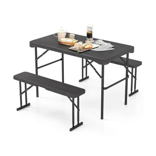 Black HDPE Folding Picnic Table Set with Benches and Wood Grain Look {3}
