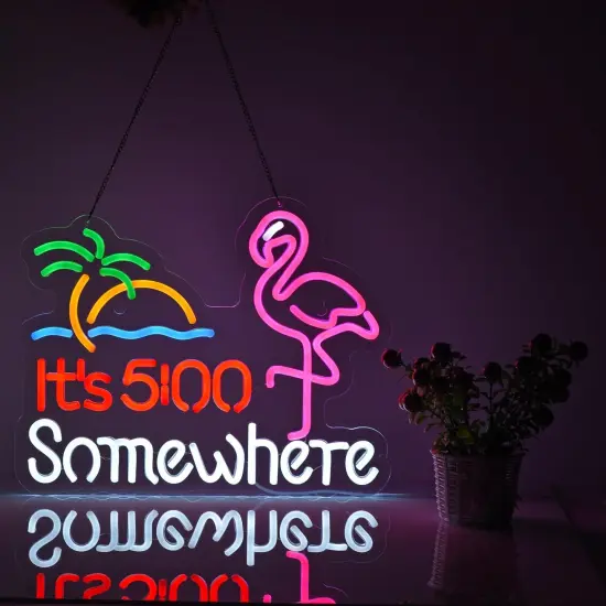 Summer Flamingo "It's 5:00 O'clock Somewhere" Neon Sign - Dimmable LED Bar & Beer Neon Light for Wall D&eacute;cor {1}