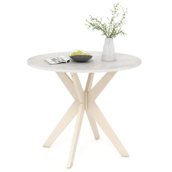 White Rubber Wood Round Dining Table with Faux Marble Top {4}