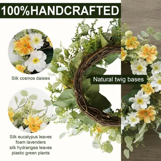 "Yellow Summer Floral Arrangement Wreath for Front Door, 20 Inch Artificial Wreath with Cosmos and Daisy Flowers, Tropical Wreath for Porch, Wall, and Window Home Decor" {2}