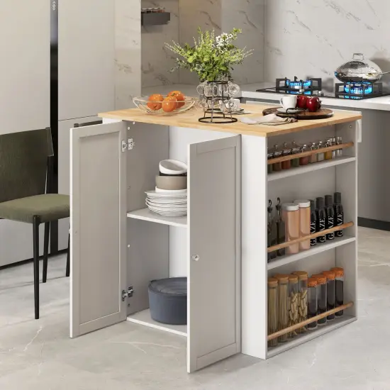 White Modern Kitchen Organizer with Rubber Wood Countertop and 2 Open Shelves {6}