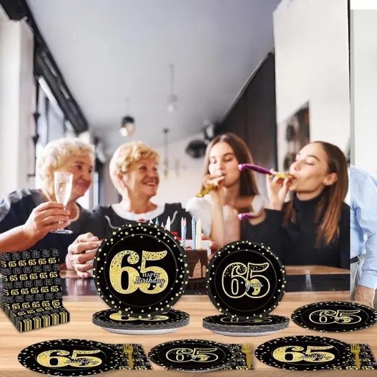 200Pcs 65th Birthday Party Supplies Happy 65th Birthday Gold Black Tableware Dinnerware Set 65 Years Old Plates and Napkins {5}