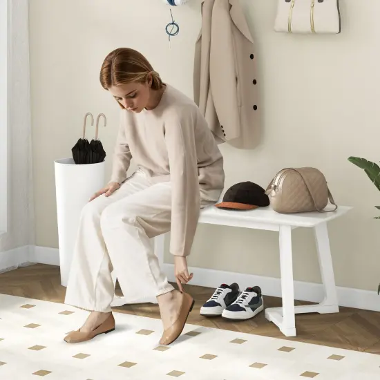 42 Inch White Modern Long Dining Bench with Rubber Wood Legs and Triangular Structure {6}