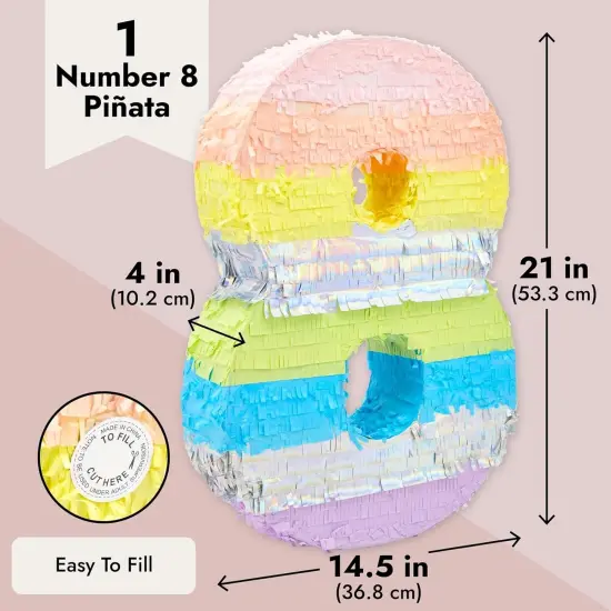 Large Number 8 Pinata for 8th Birthday Party Decorations, Rainbow Pastel (21 x 14.5 x 4 In) {3}
