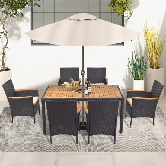 Acacia Wood 7-Piece Dining Set, Rattan Table, Cushioned Chairs and Umbrella Hole {2}