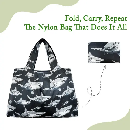 Wrapables Large & Small Foldable Tote Nylon Reusable Grocery Bags, Set of 2, Sharks in Black {4}